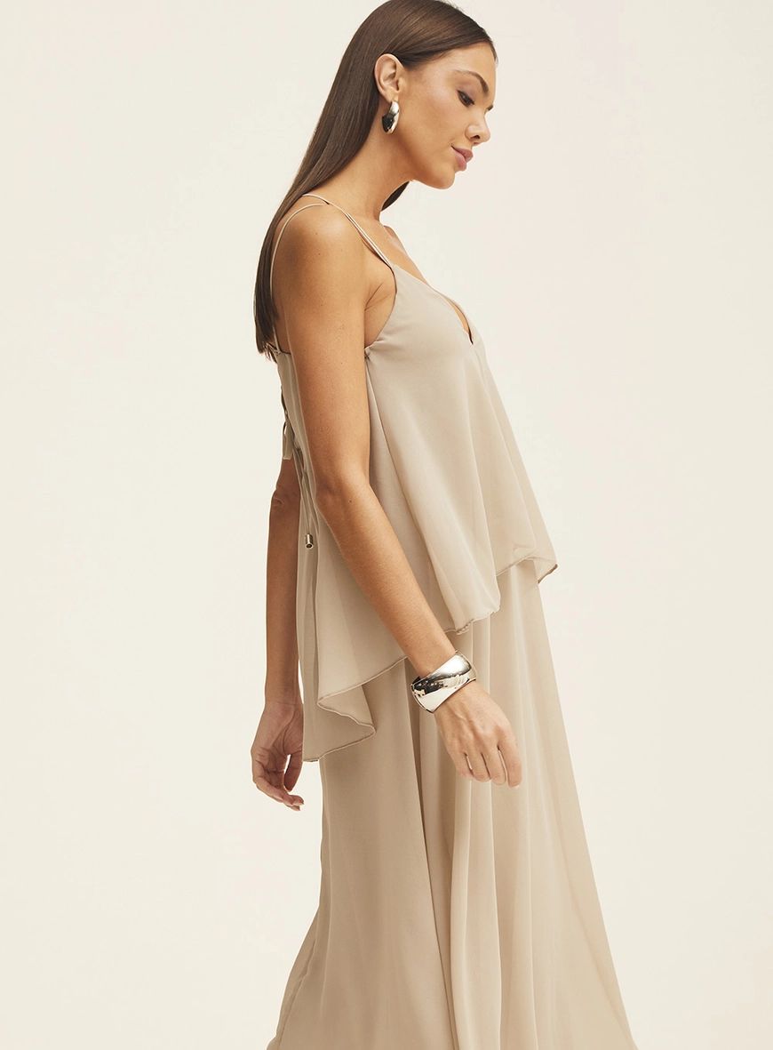 Vestido Midi Solto Em Camadas Bege