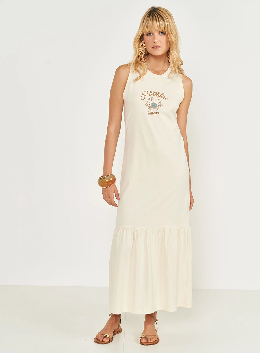 Vestido Midi Com Estampa Bege