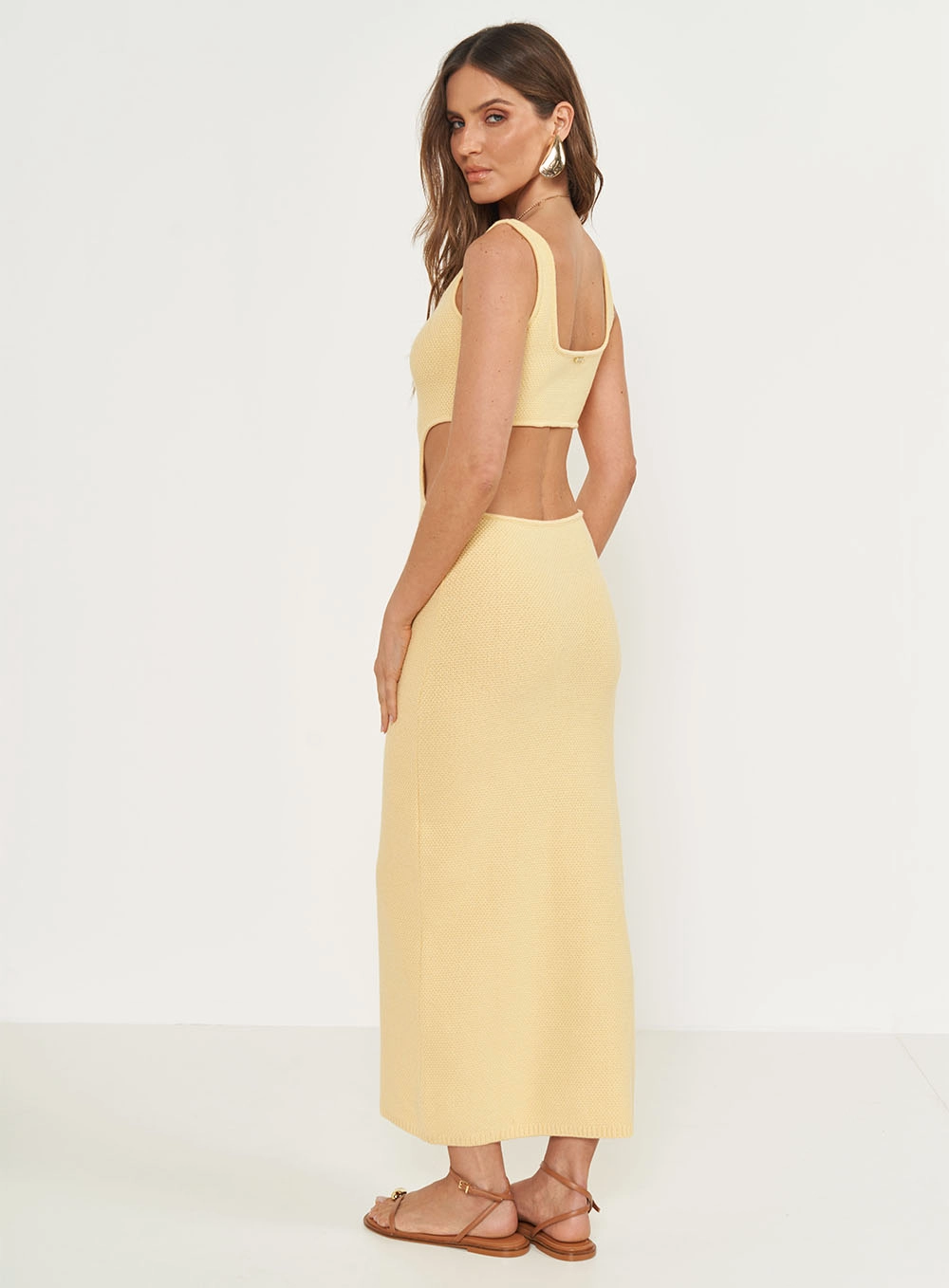 Vestido Vazado Em Tricot Midi Amarelo