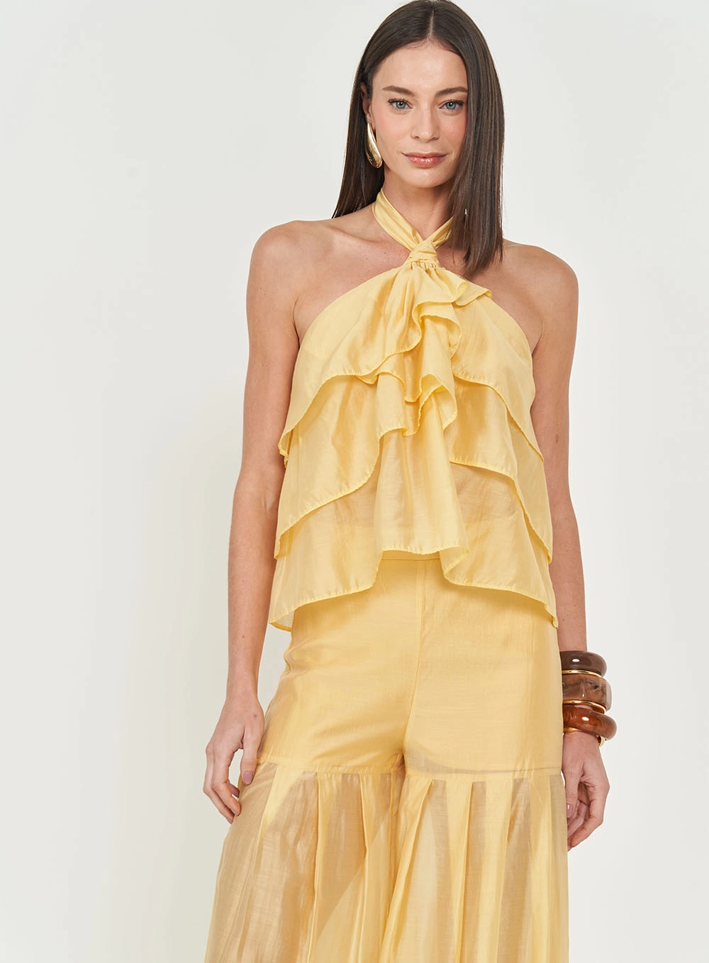Blusa Halter Com Babados Bege