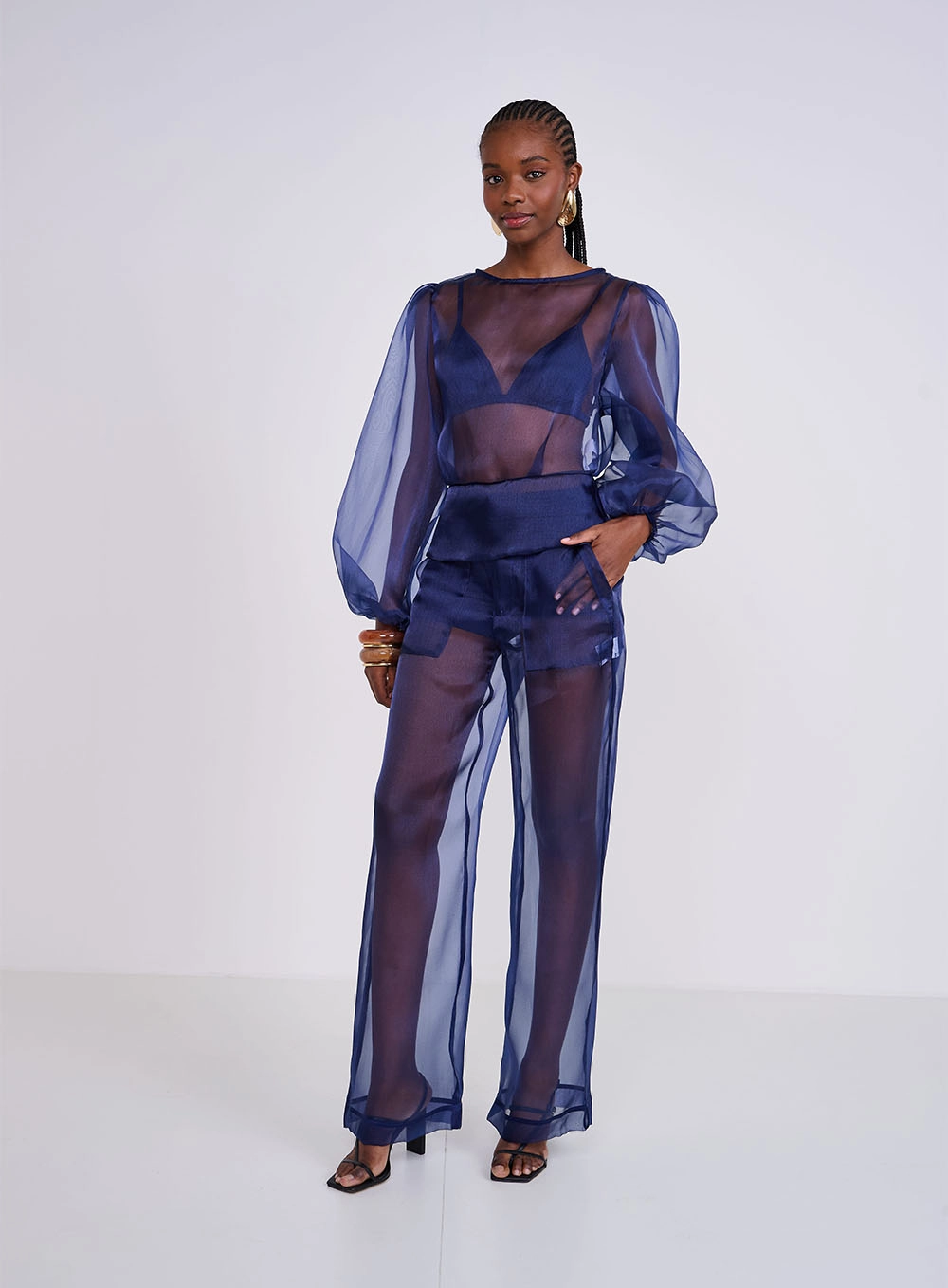 Calça Jade Com Transparência Azul