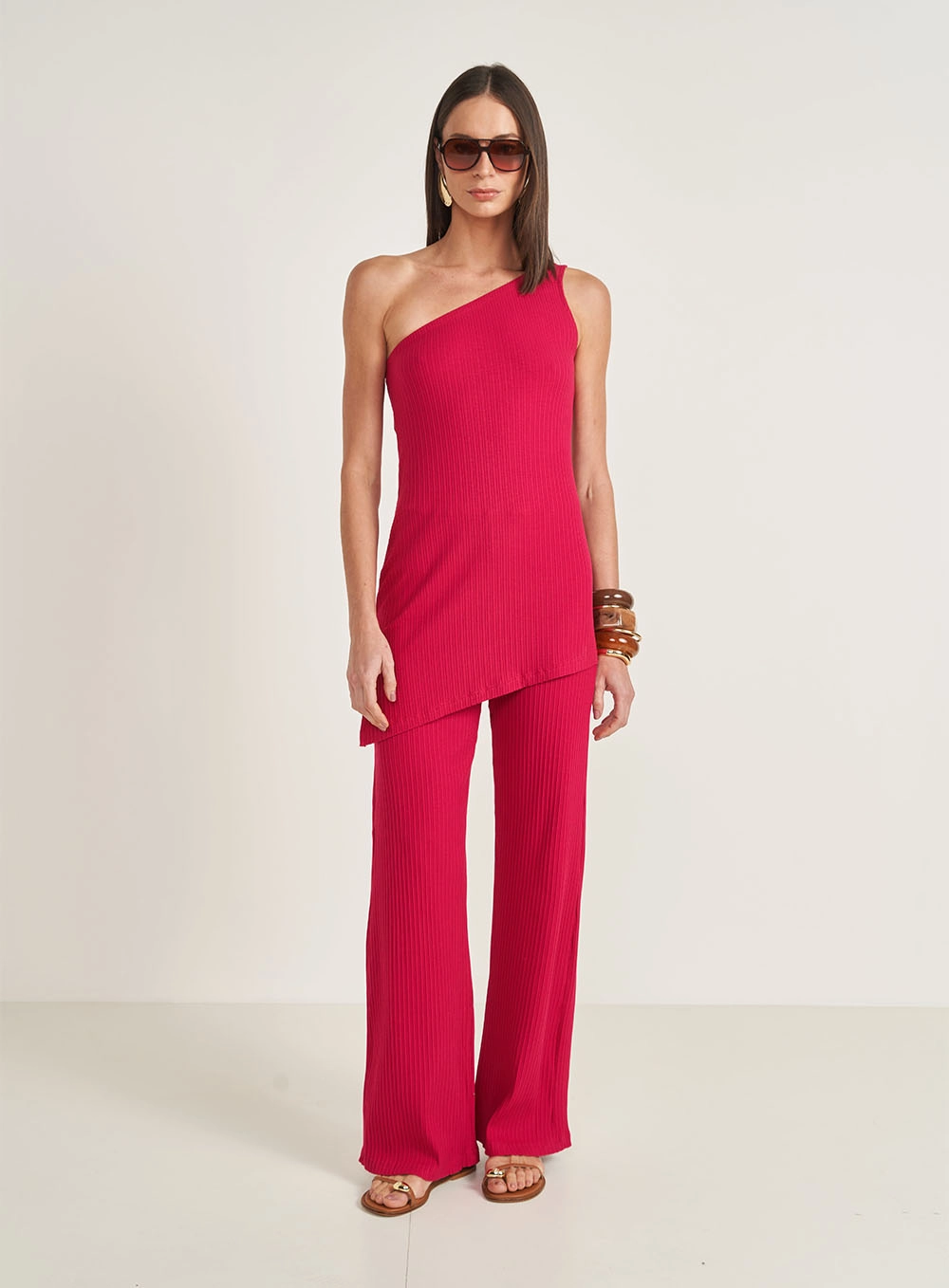 Blusa Alongada Slim Uma Alça Rosa