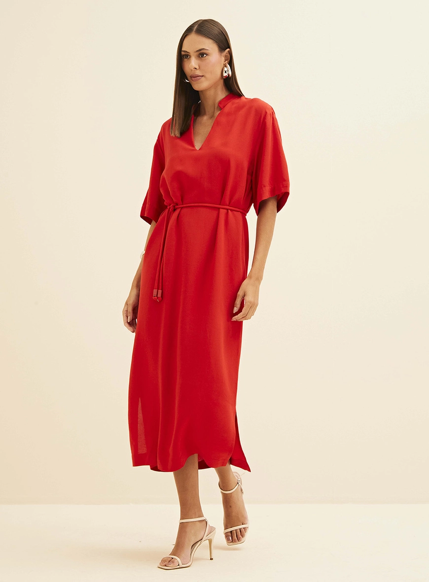Vestido Midi Reto Com Amarração Vermelho