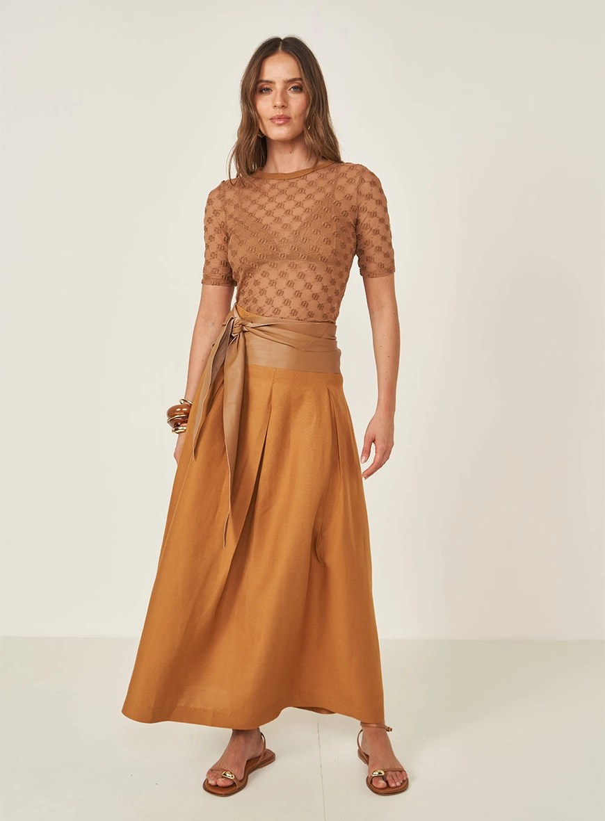 Saia Midi Joana Com Pregas