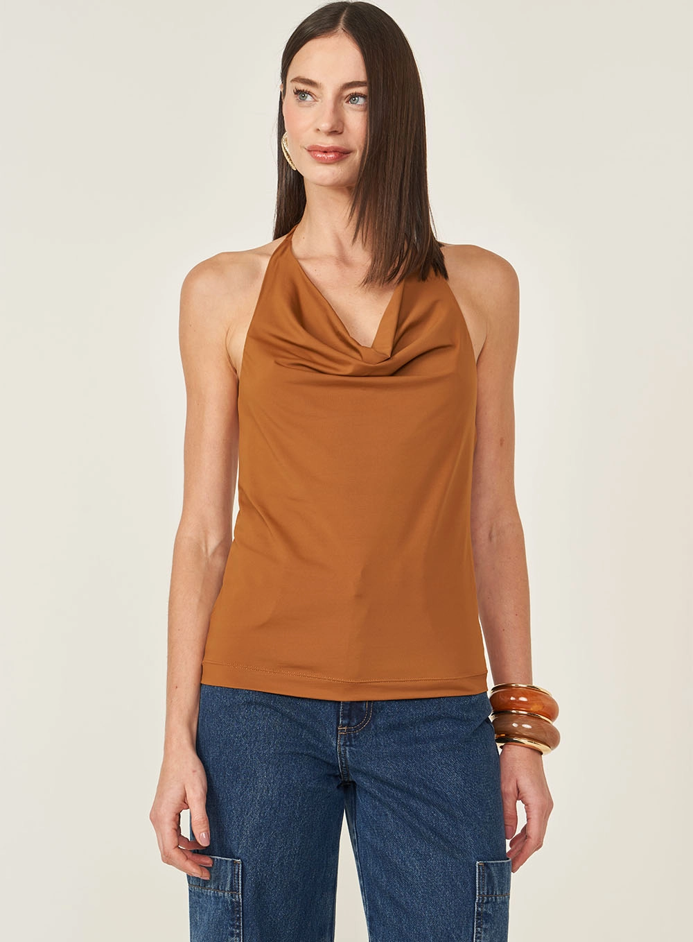 Blusa Frente Única Degagê Com Amarração Marrom Evermore