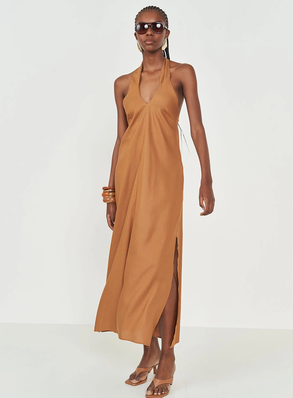 Vestido Midi Frente Única Marrom Evermore