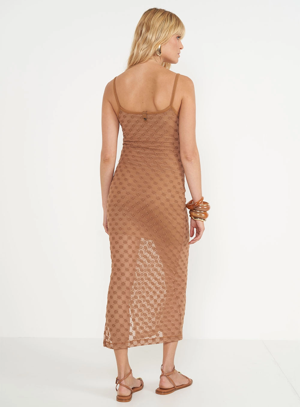 Vestido Midi Slim Em Tule Marrom Evermore