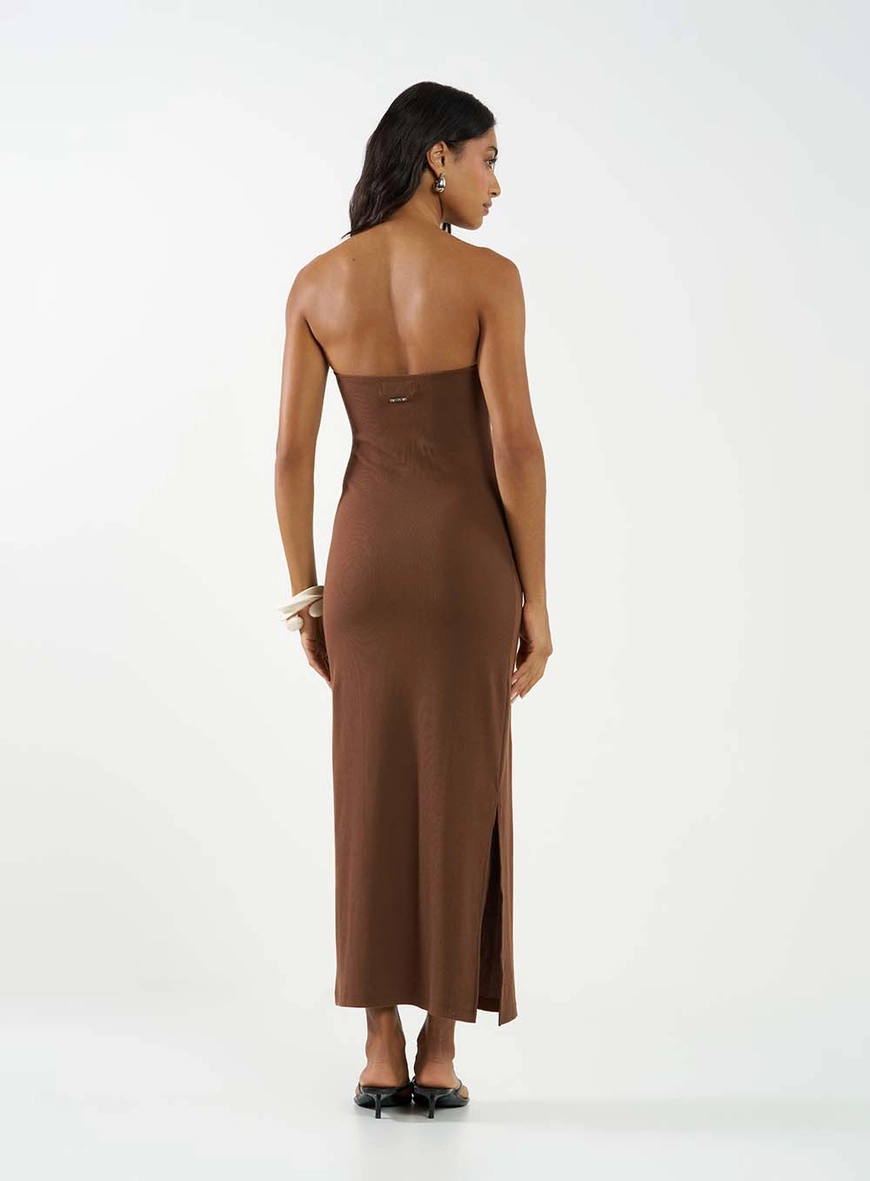 Vestido Midi Slim Canelado Com Fenda Marrom 4