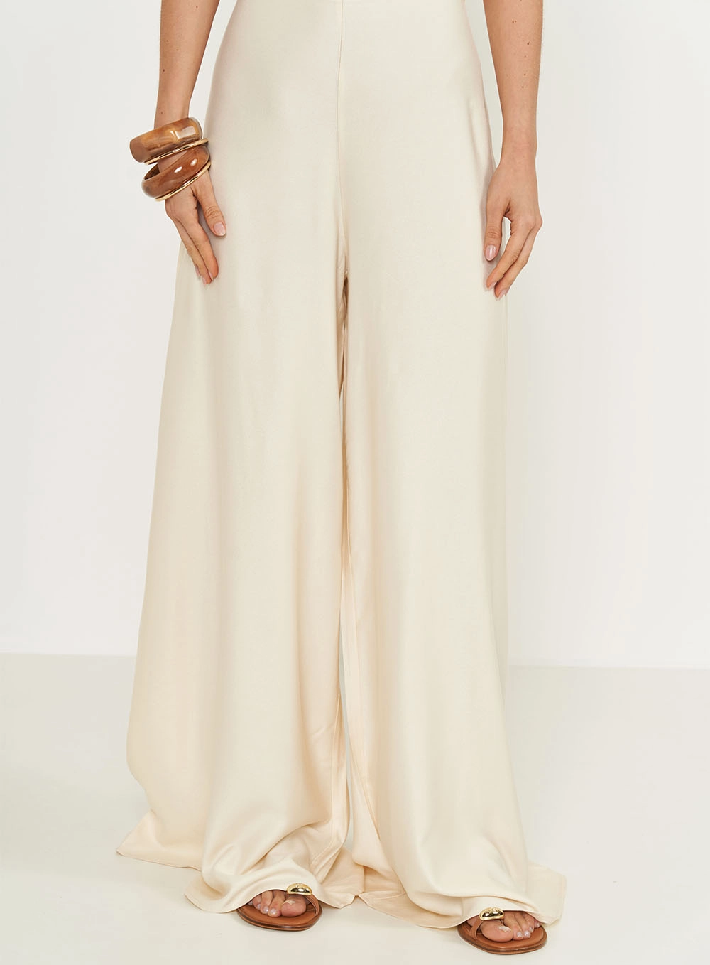 Calça Feminina Acetinada Palazzo Bege