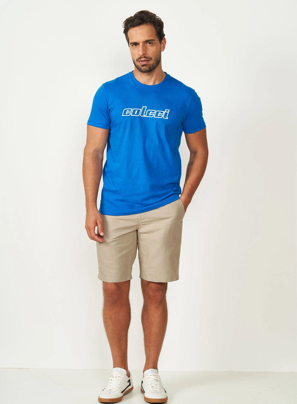 Bermuda Masculina Davi Em Linho Bege Cinzas