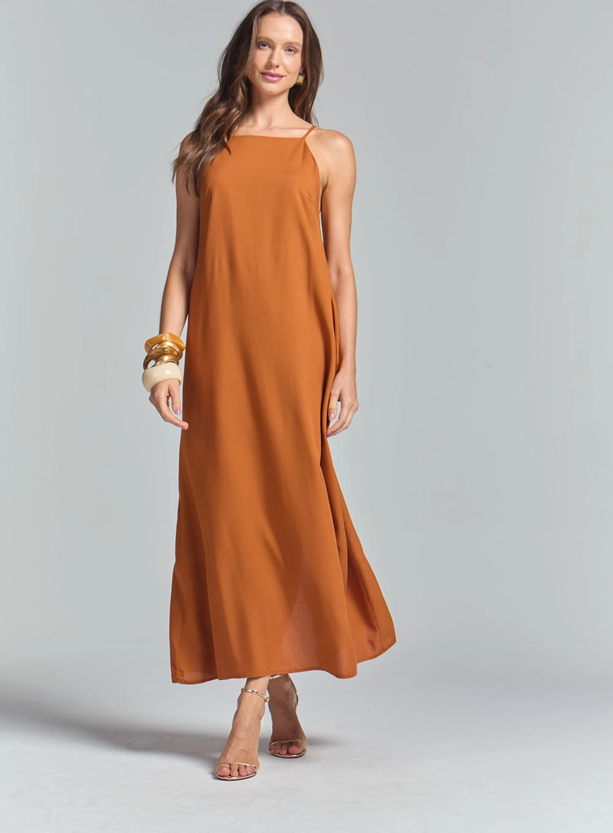 Vestido Comfort De Alça Decote Quadrado E Fenda Marrom 1