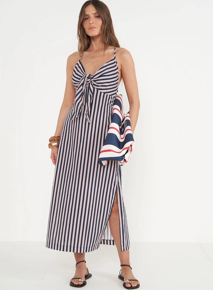 Vestido Frente Única Listrado Midi