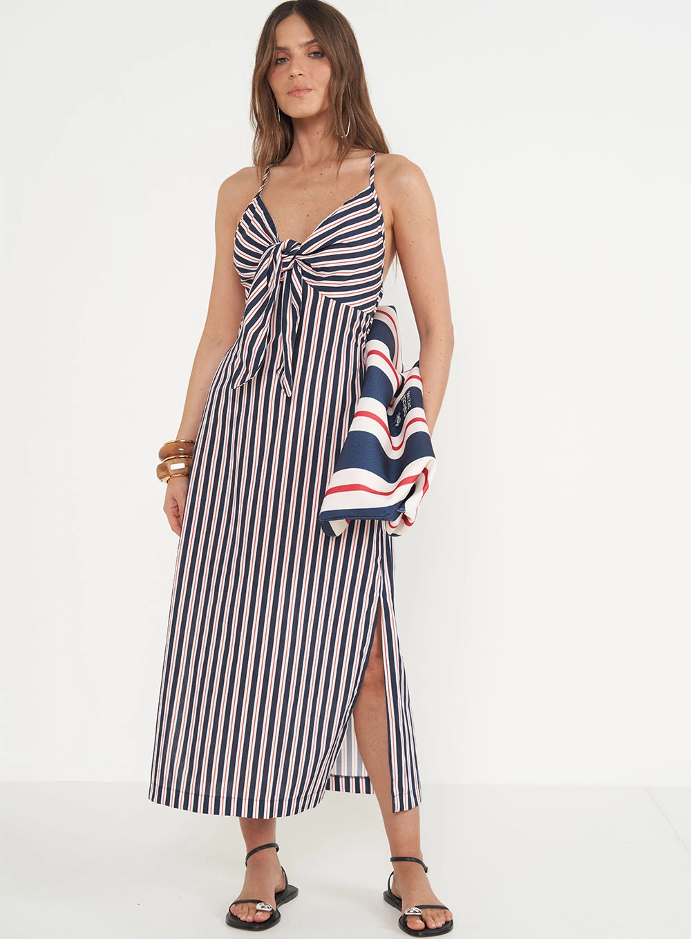 Vestido Frente Única Listrado Midi Estampados