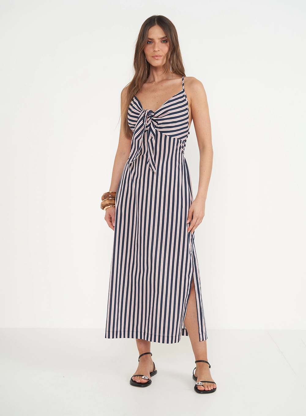 Vestido Frente Única Listrado Midi Estampados