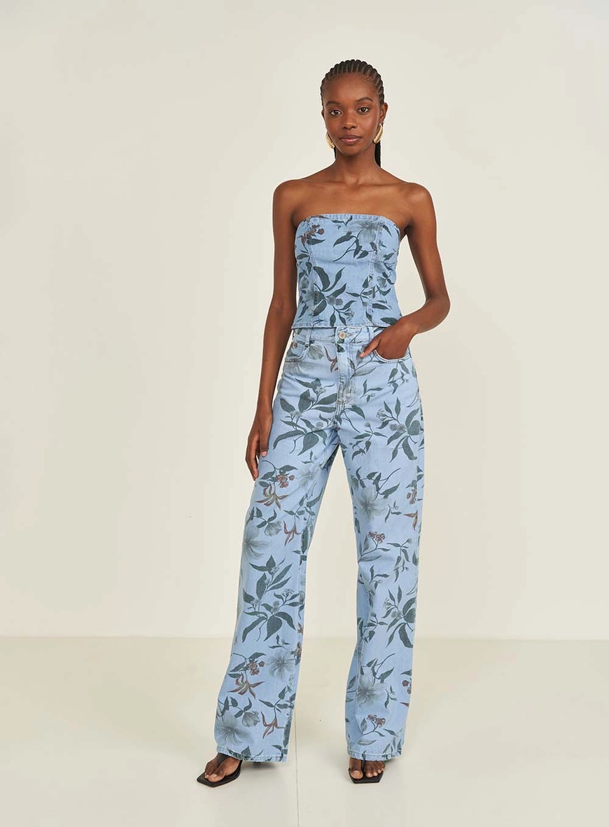 Calca Jeans Feminina Wide Leg Berlim Estampada