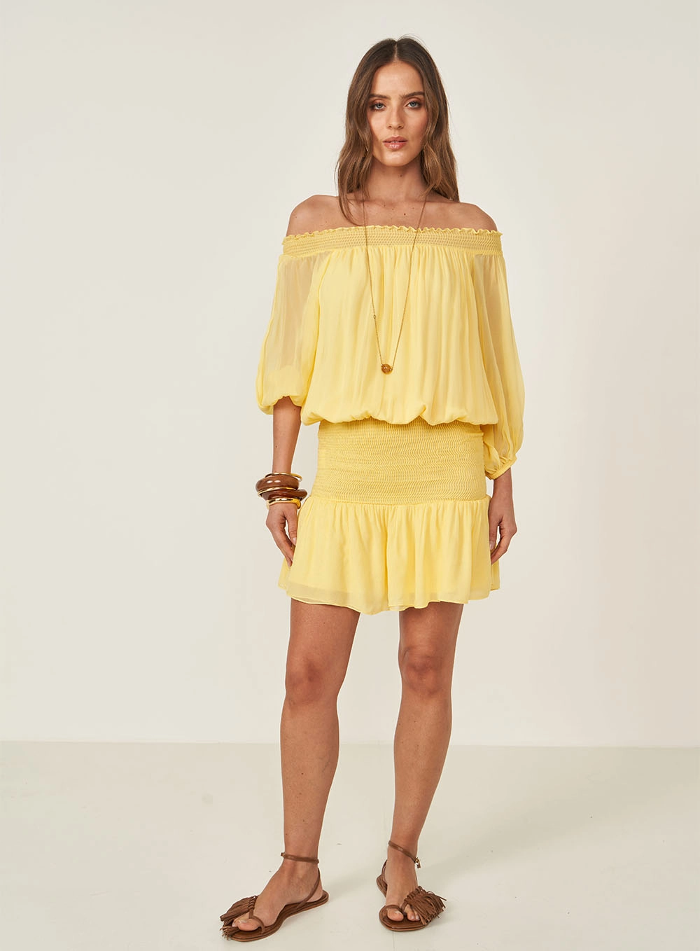 Vestido Ombro A Ombro Com Mangas Bufantes Amarelo