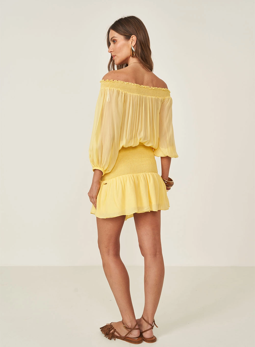 Vestido Ombro A Ombro Com Mangas Bufantes Amarelo
