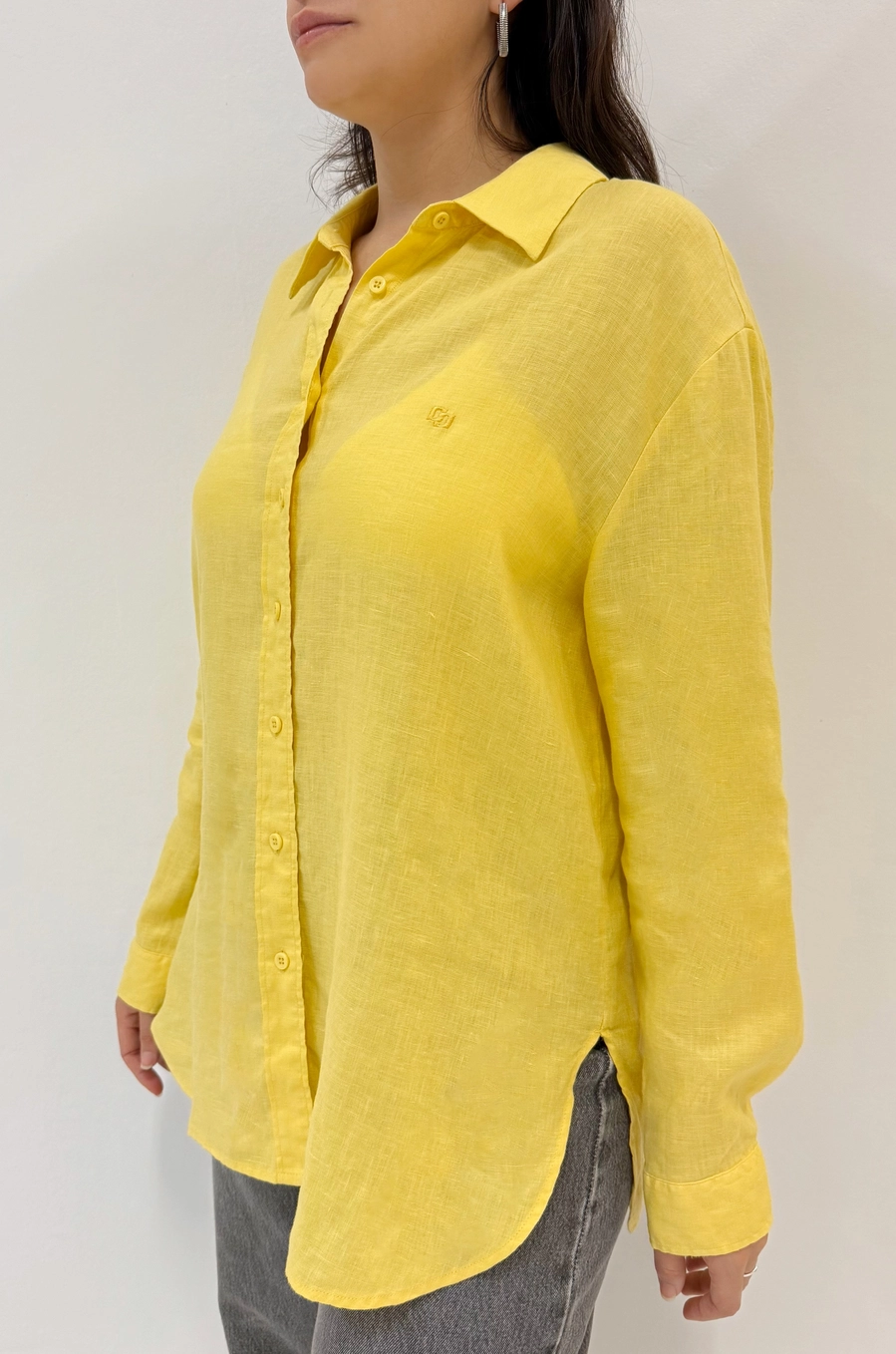 Camisa Feminina Manga Longa Em Linho Amarelo