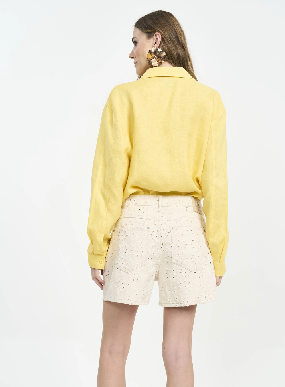 Camisa Feminina Manga Longa Em Linho Amarelo
