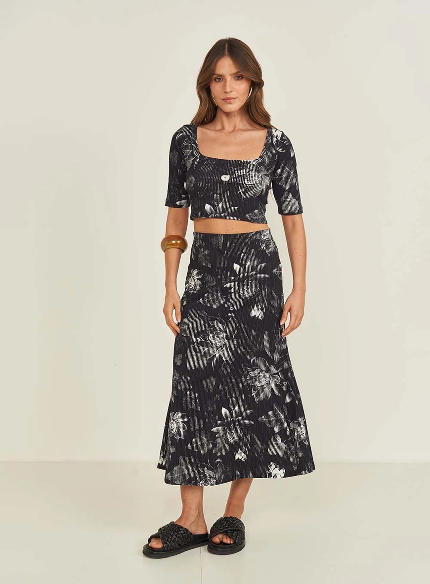 Saia Midi Evasê Estampada