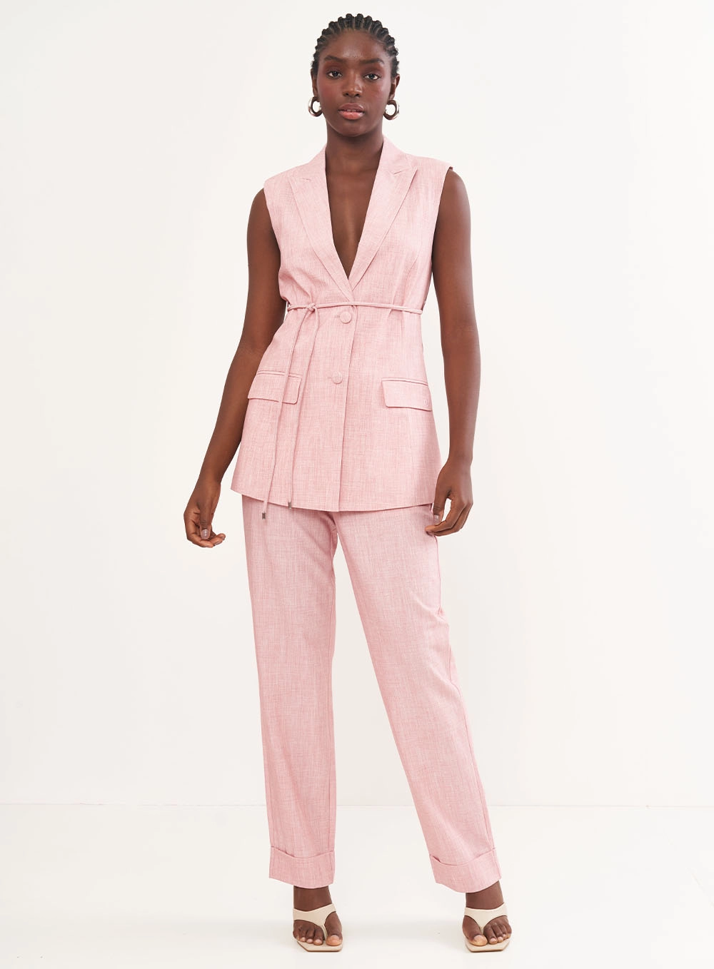 Blazer Sem Mangas Com Amarração Acinturada Rosa