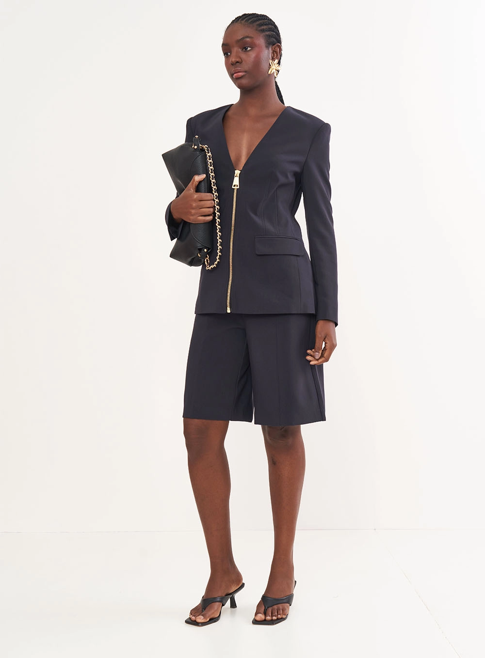 Blazer Alfaiataria Com Fecho Em Zíper Frontal Preto
