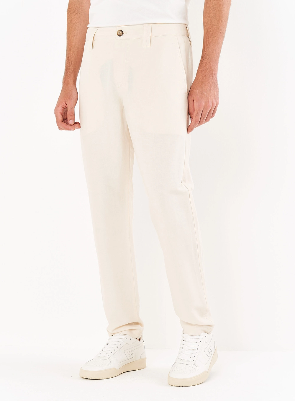 Calça Masculina Reta Em Linho Bege Italian