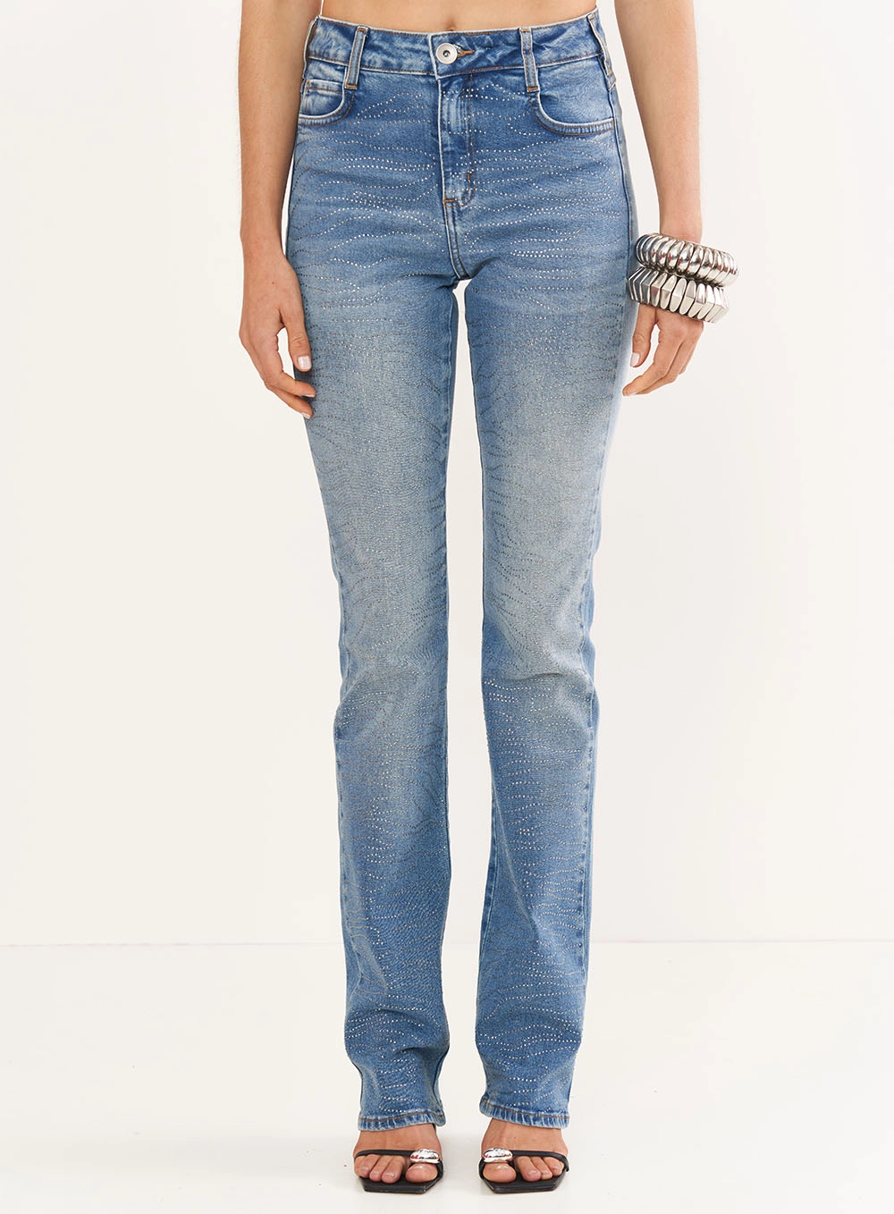 Calça Jeans Bia Reta Com Aplicação Índigo