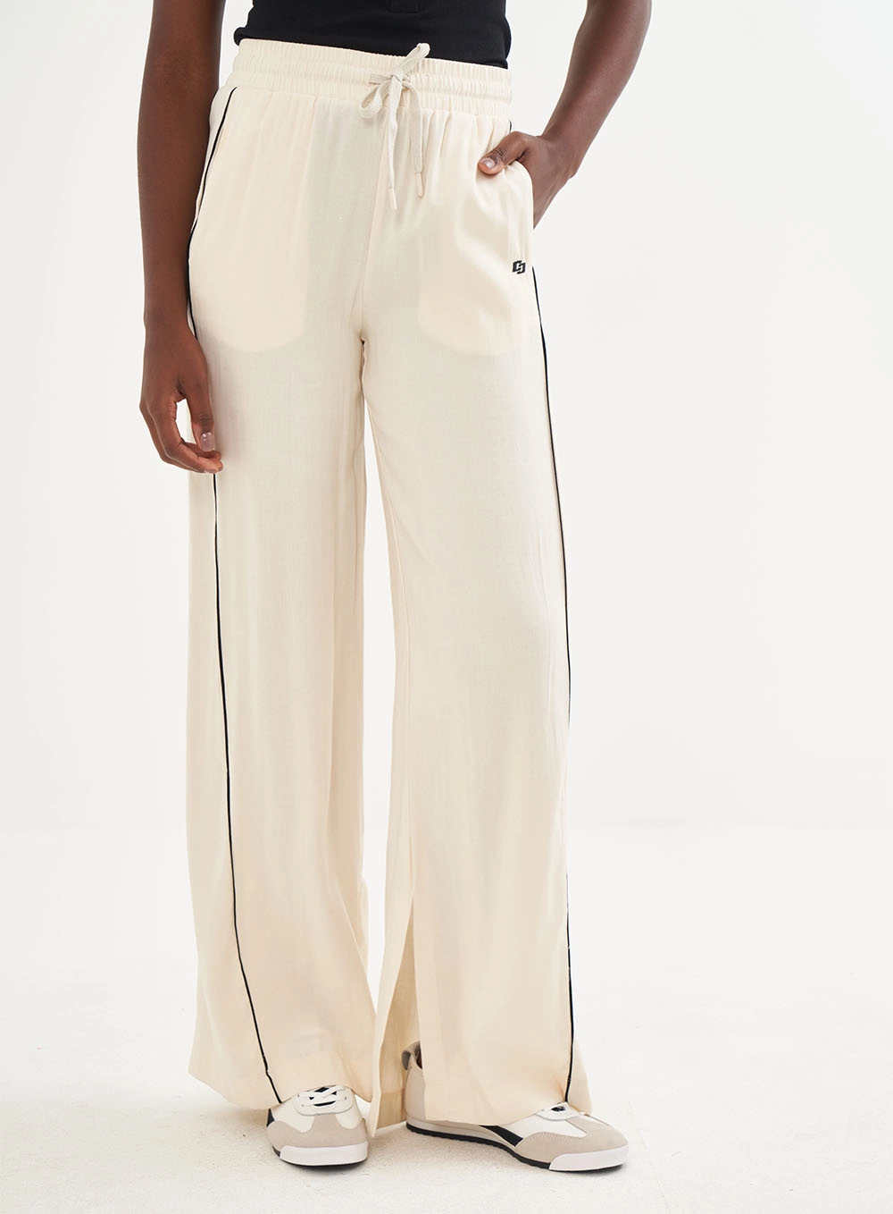 Calça Linho Pantalona Cós Com Elástico - Riviera Bege