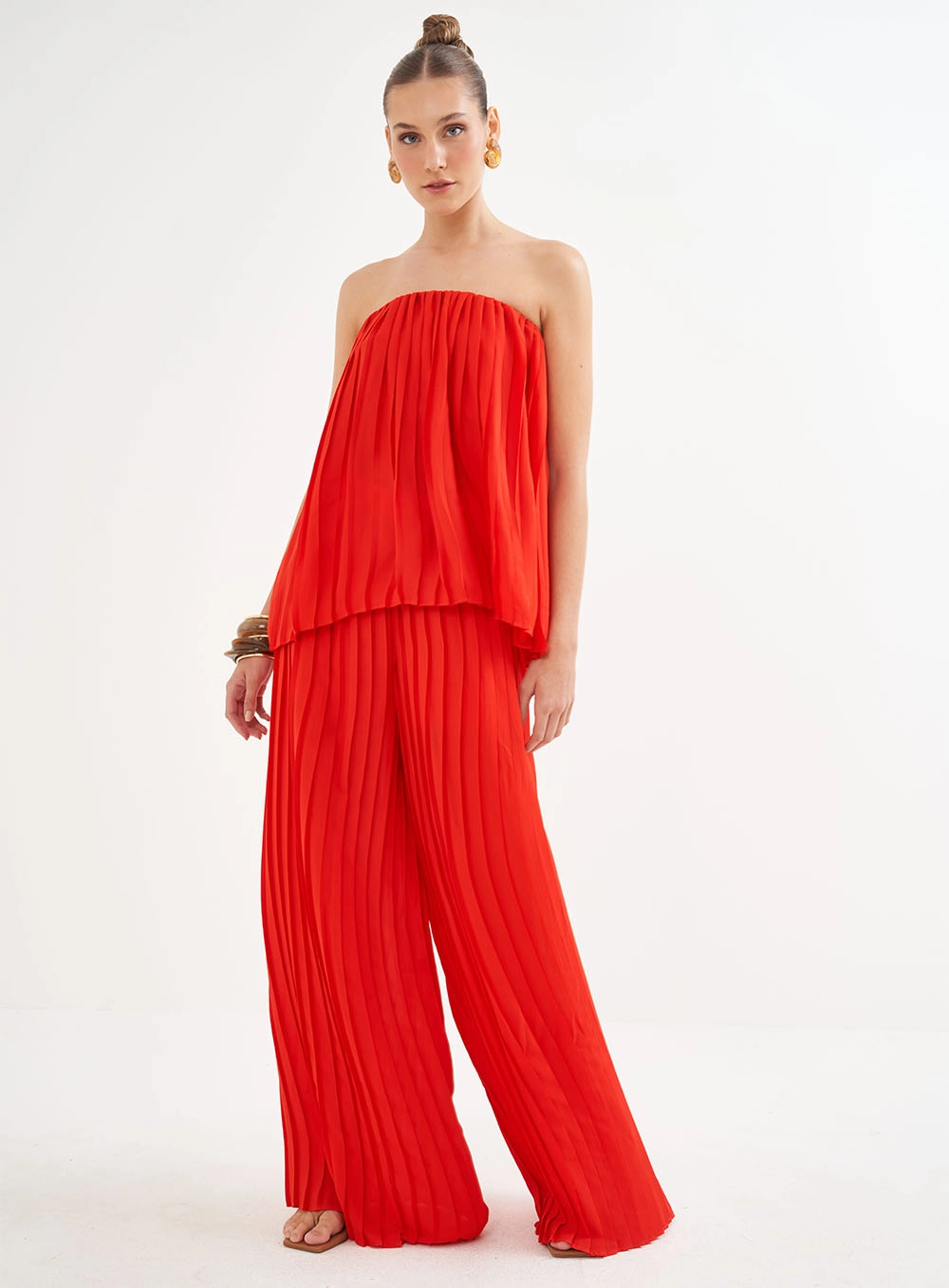 Calça Feminina Plissada Ampla Vermelho