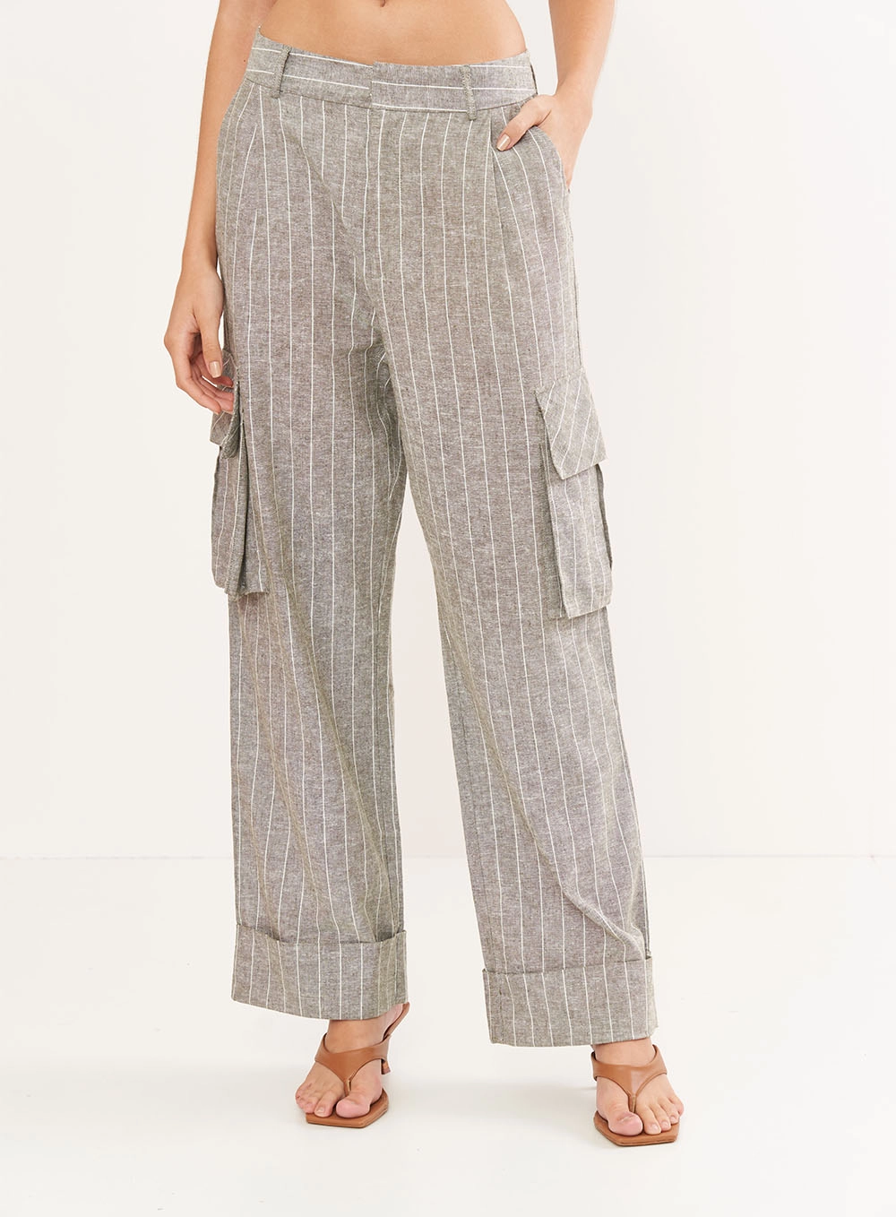 Calça Feminina Cargo Linho Listrada Estampados
