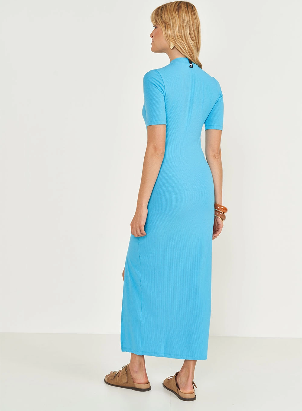 Vestido Midi Canelado Com Fenda Lateral Azul