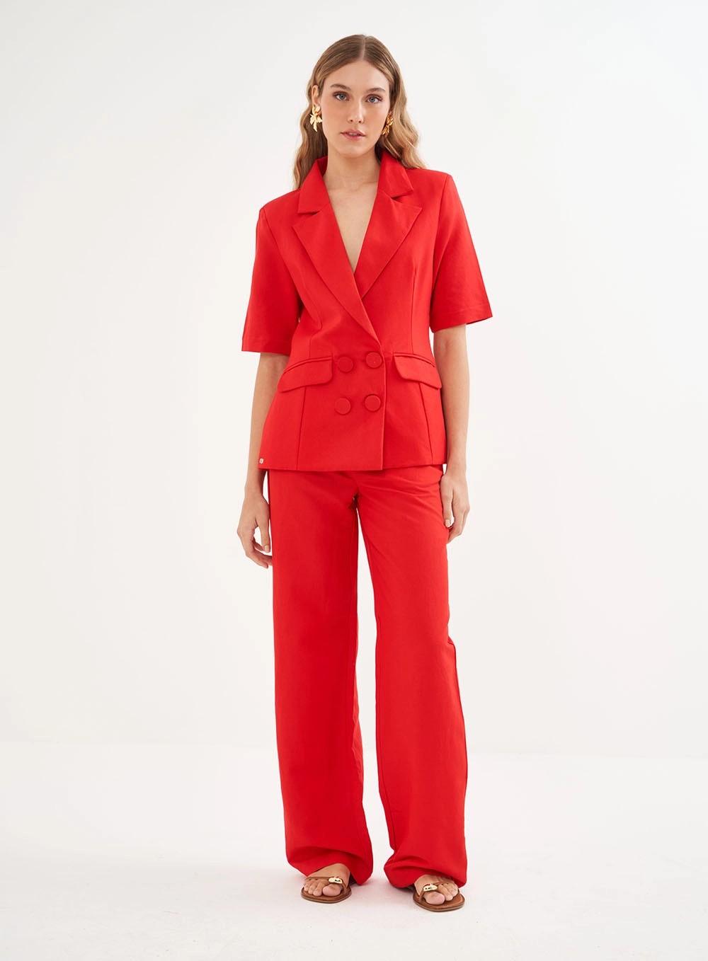 Calça Feminina Alfaiataria Em Linho Vermelho