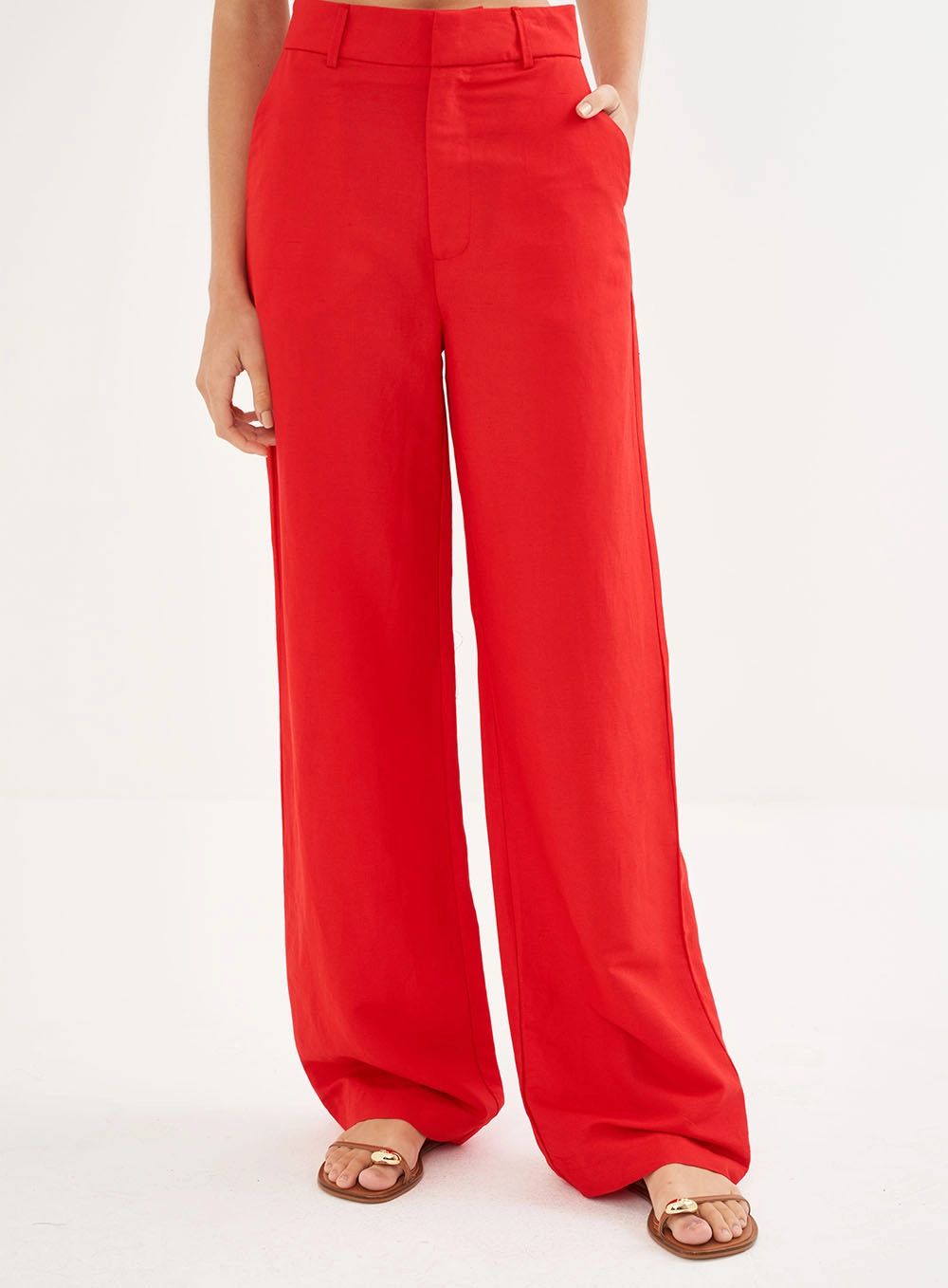 Calça Feminina Alfaiataria Em Linho Vermelho