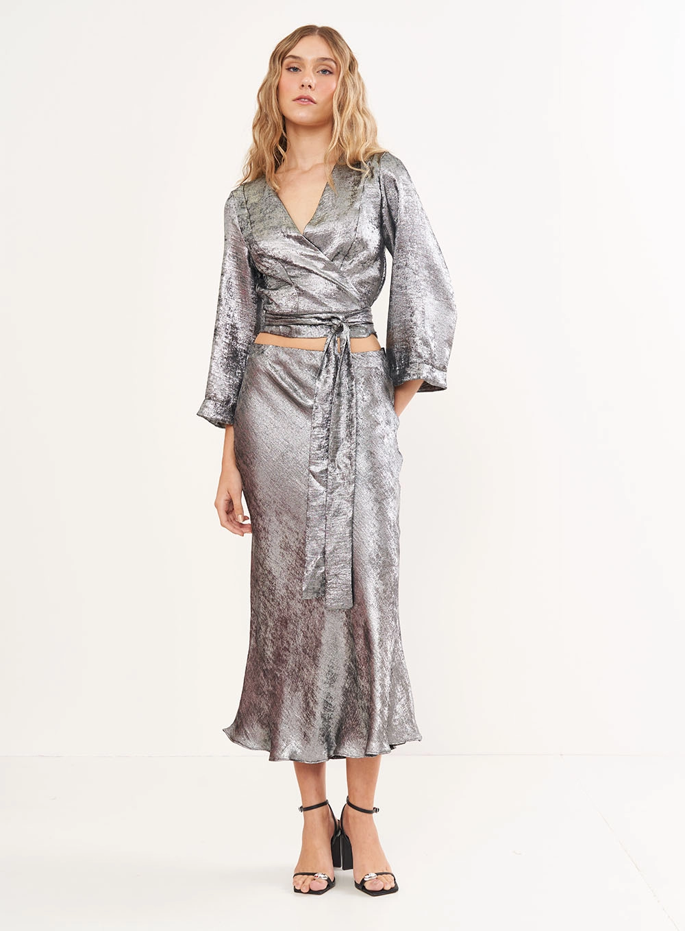 Saia Metalizada Midi Slim Estampados