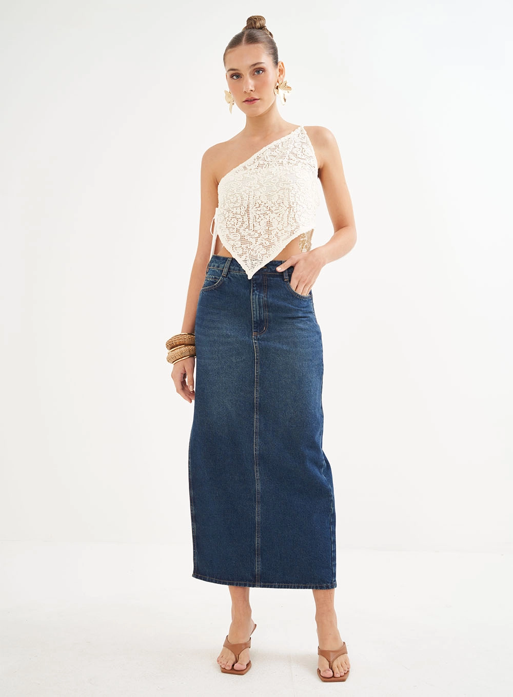 Saia Jeans Midi Com Fenda Índigo