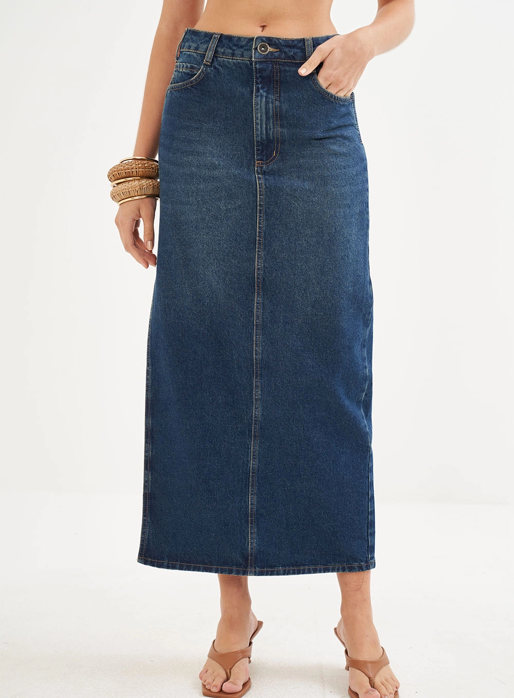 Saia Jeans Midi Com Fenda Índigo
