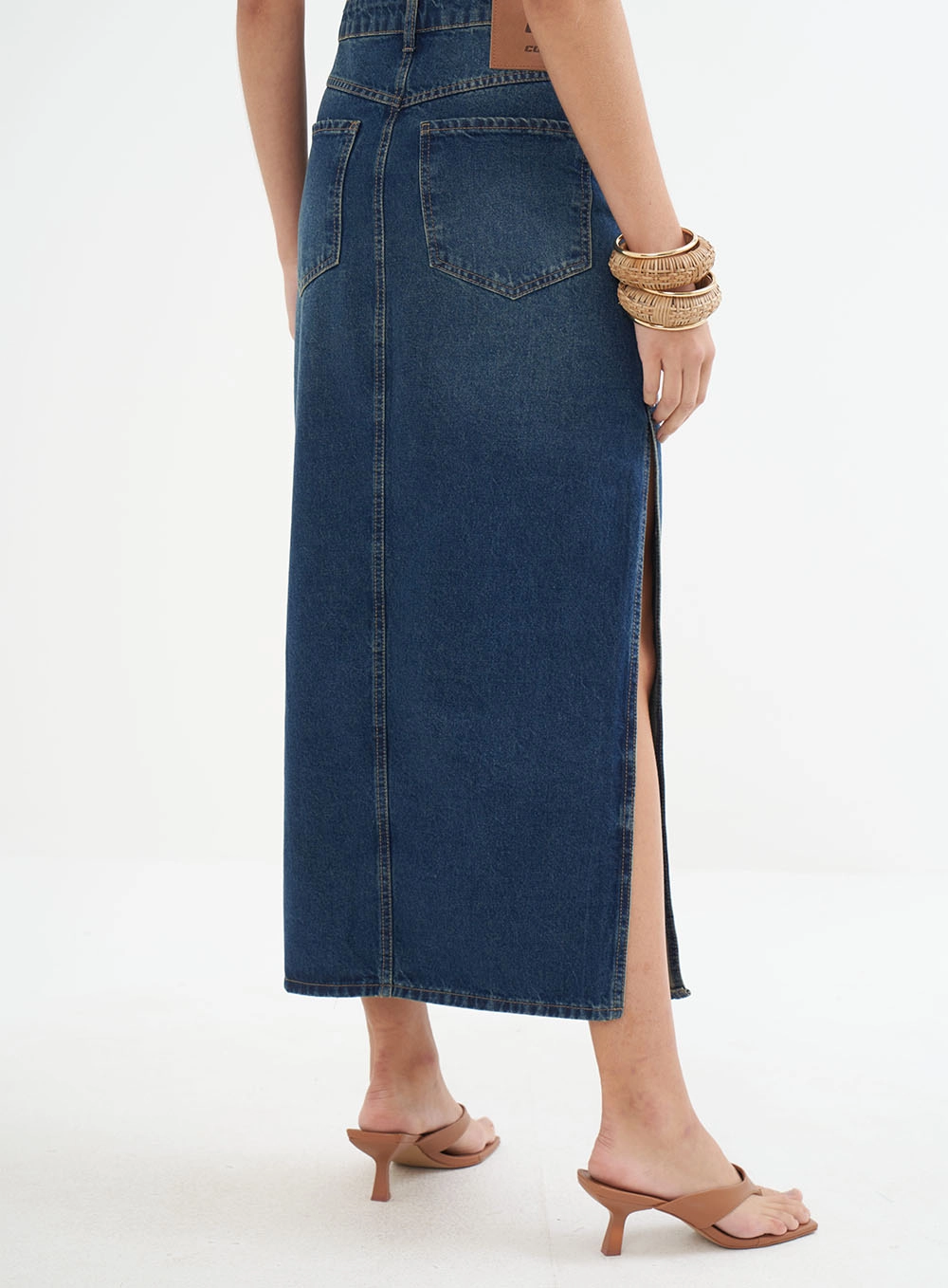 Saia Jeans Midi Com Fenda Índigo
