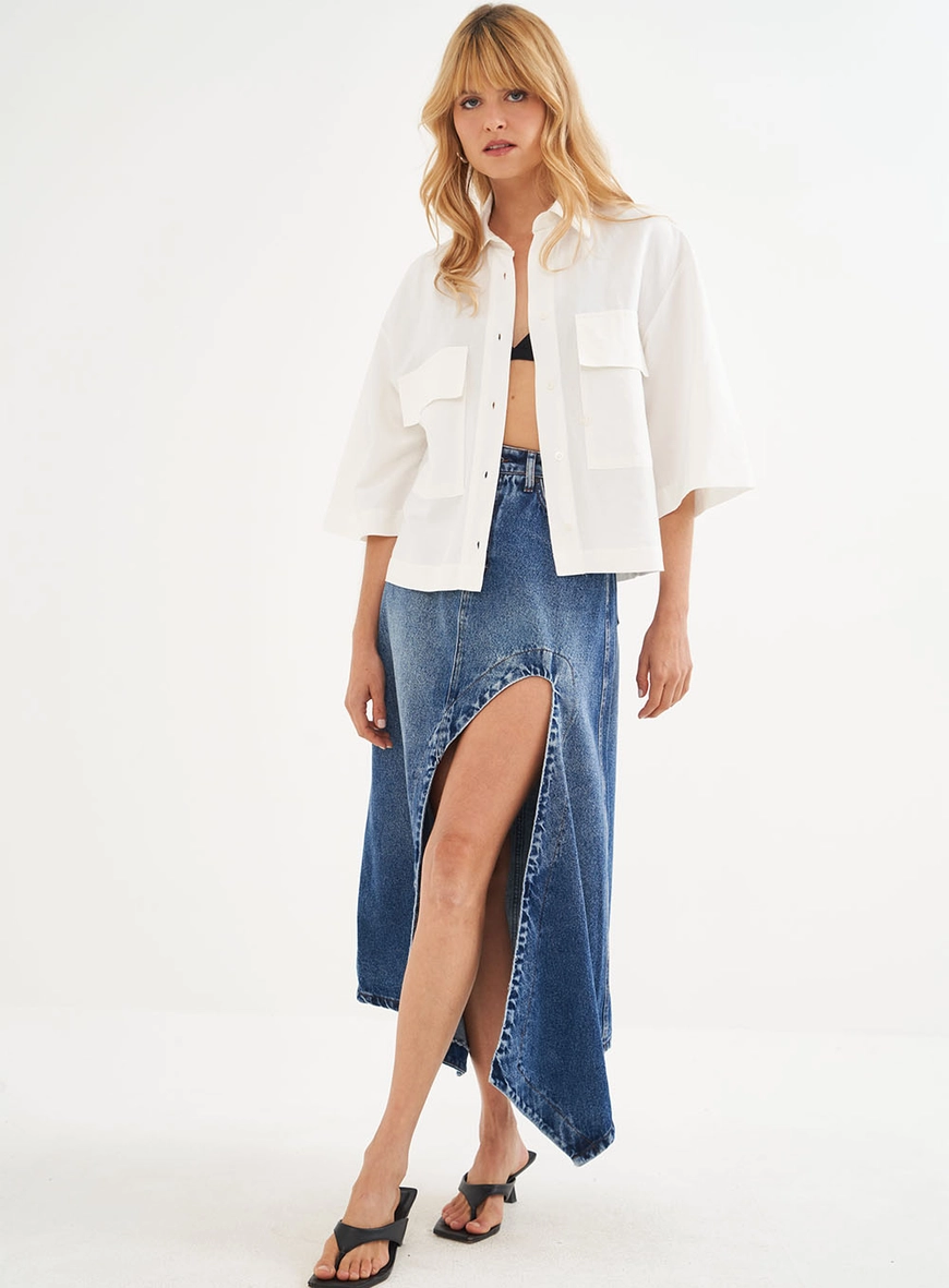 Saia Jeans Midi Com Max Fenda - Joana