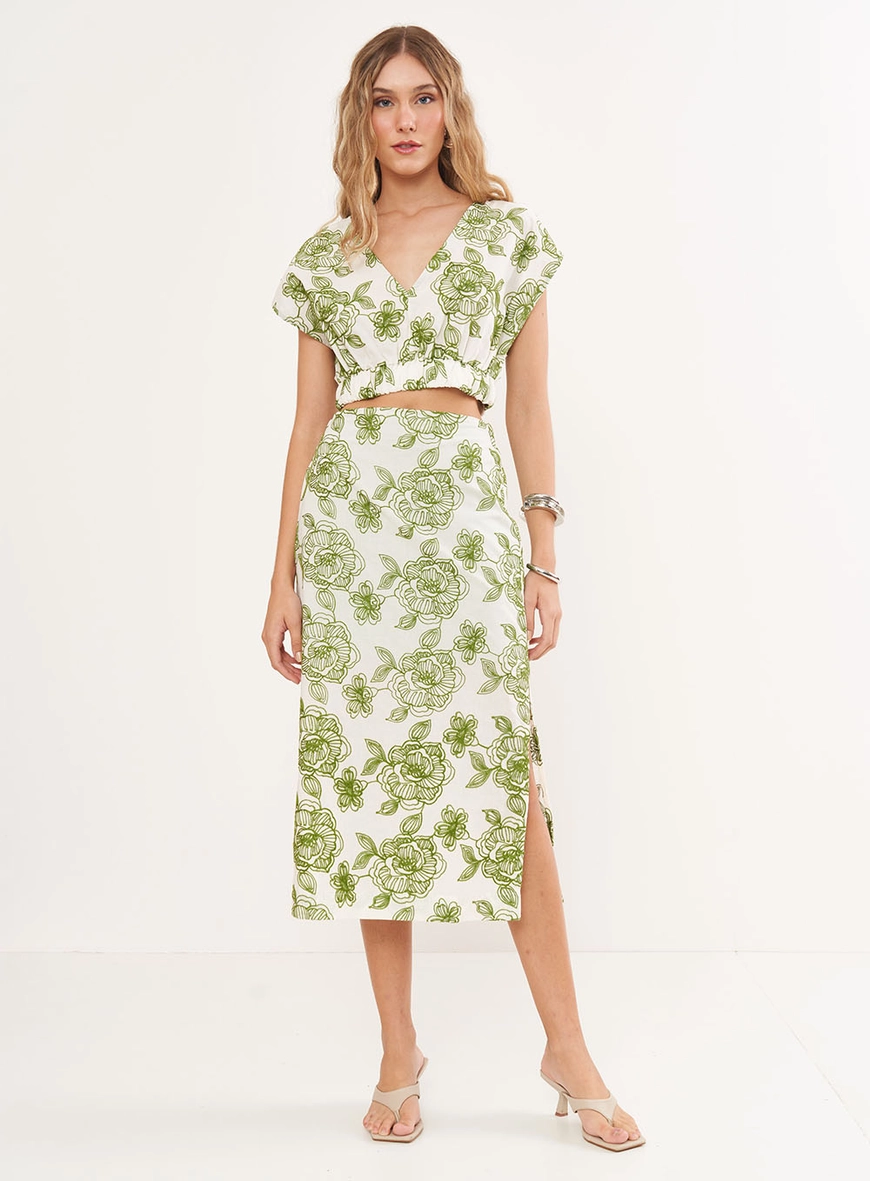 Saia Bordada Midi Floral