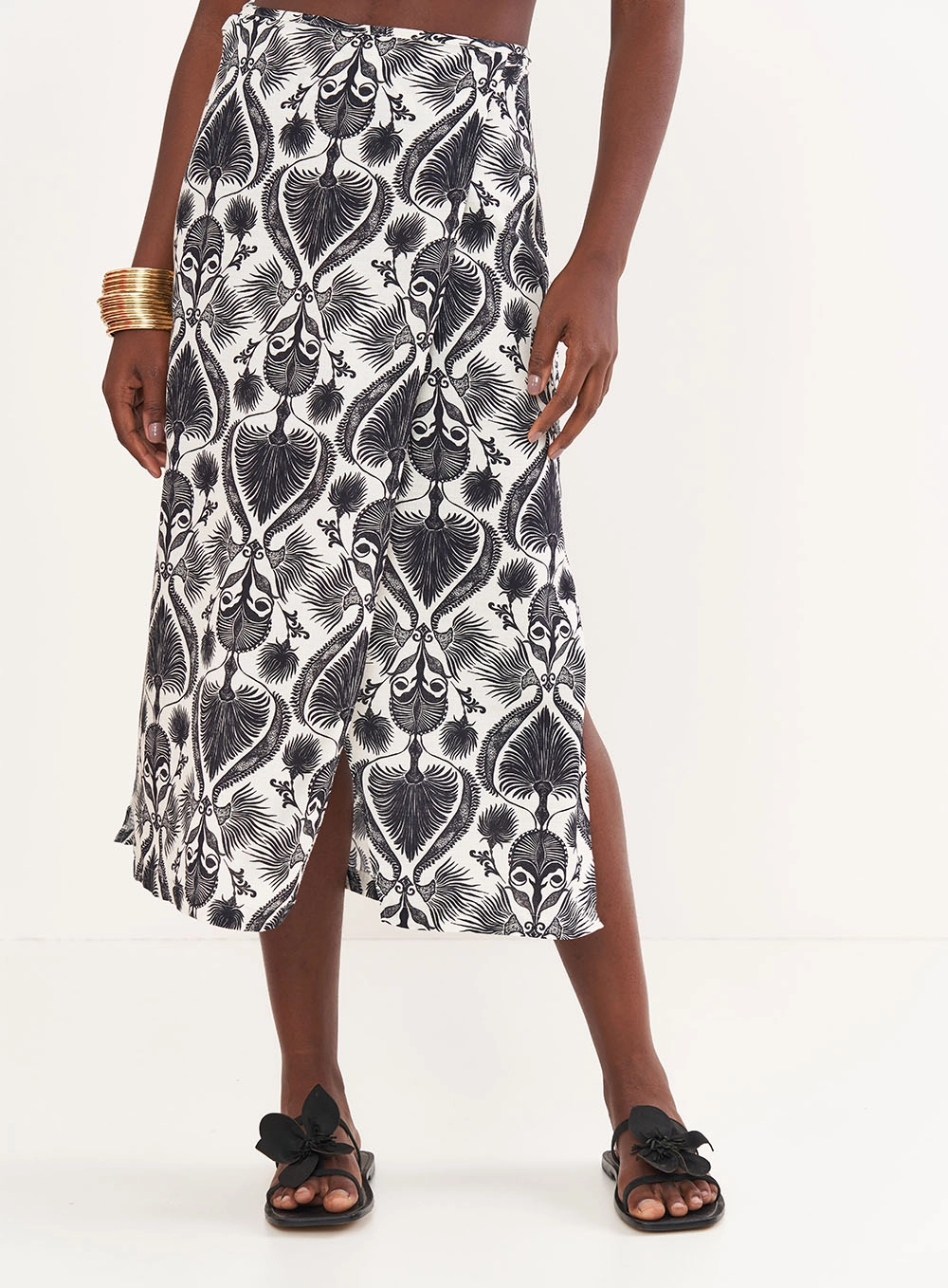 Saia Estampada Midi Com Fenda Estampados