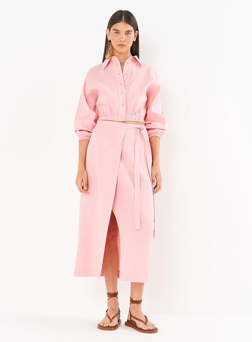 Saia Linho Midi Com Transpasse E Amarração Rosa