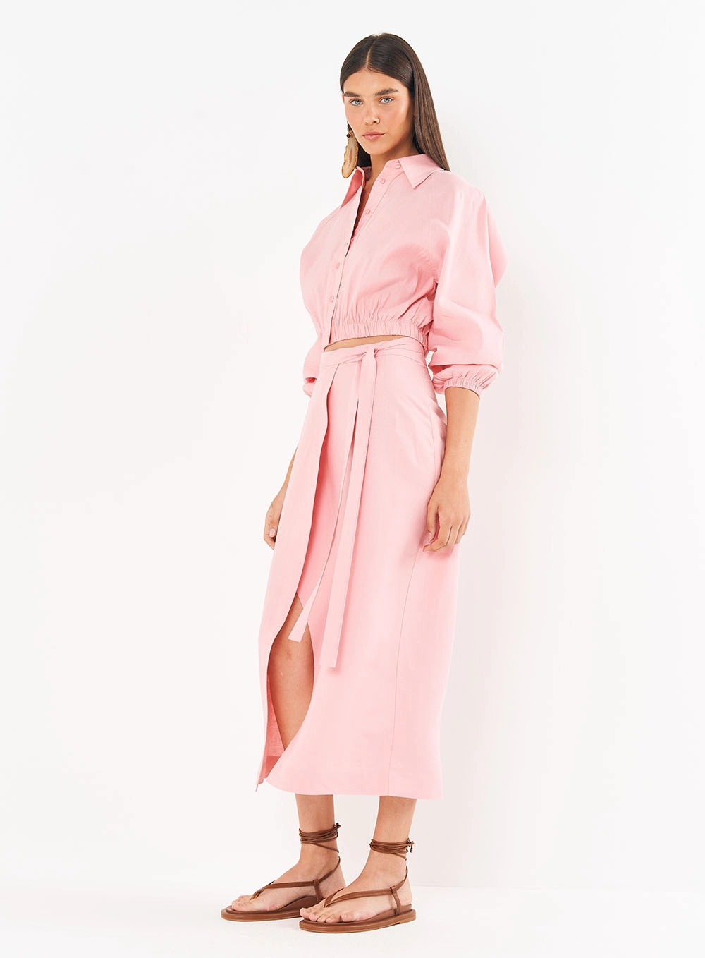 Saia Linho Midi Com Transpasse E Amarração Rosa