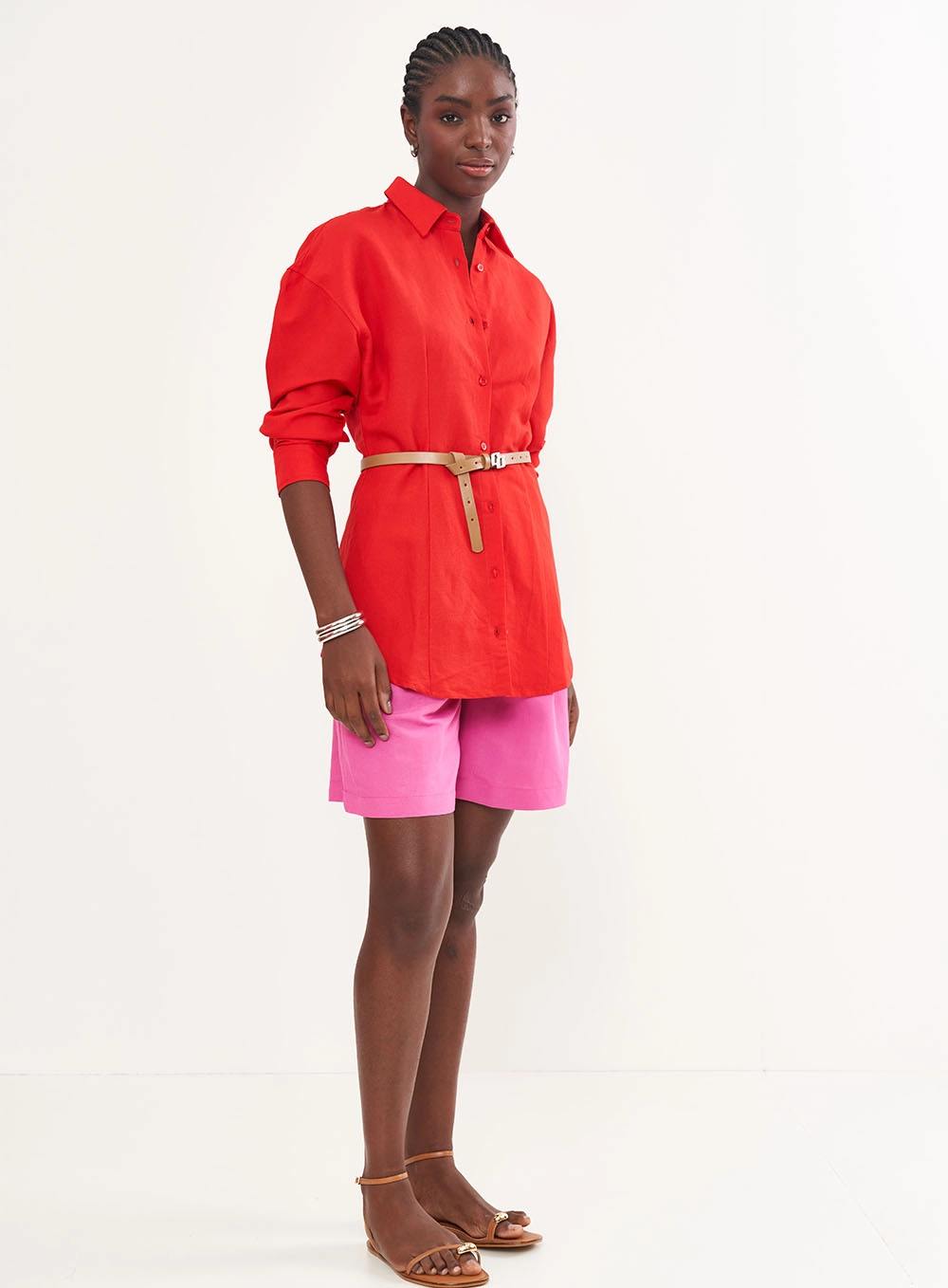 Camisa Feminina Manga Longa Em Linho Vermelho