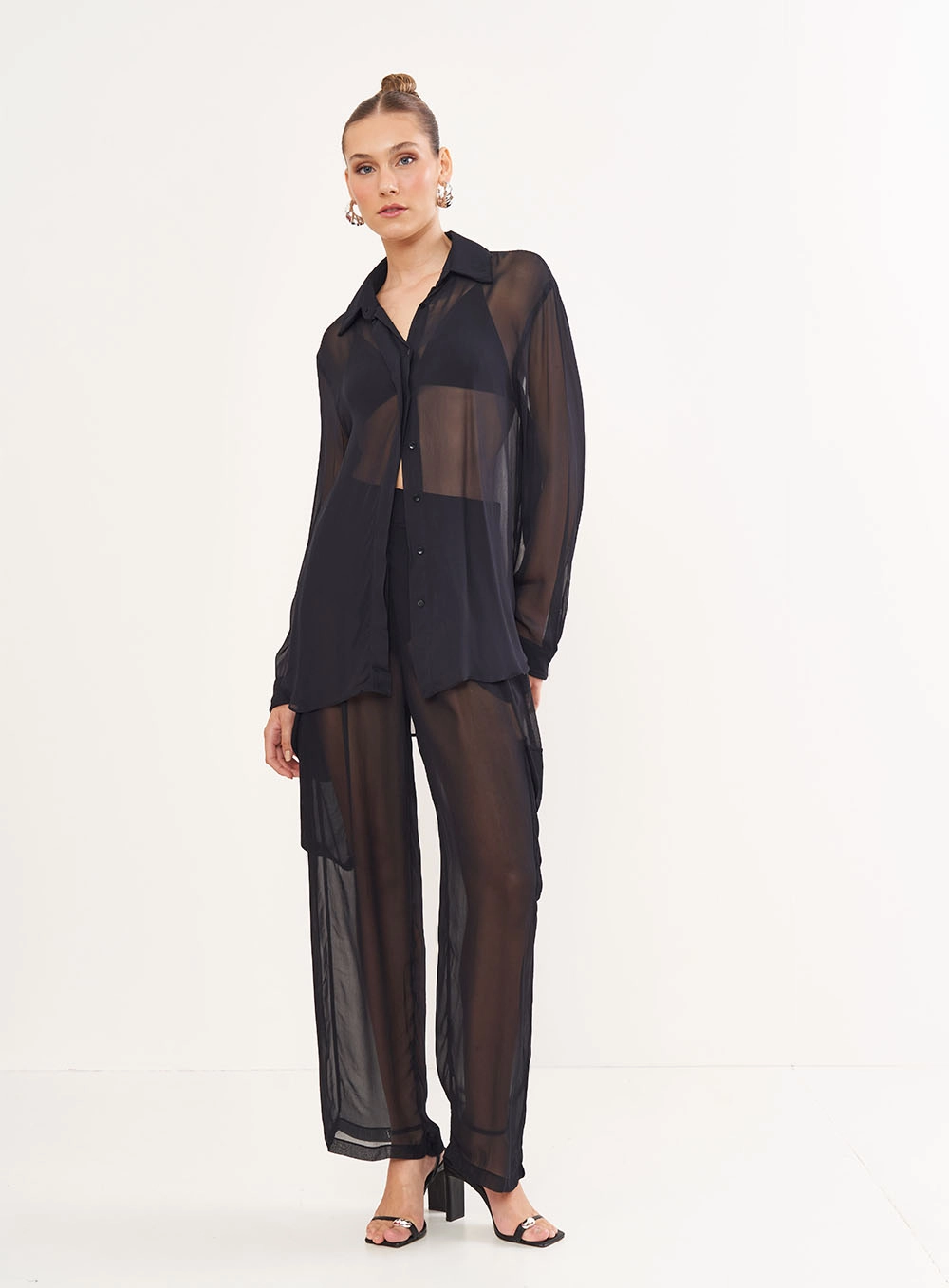 Camisa Feminina Manga Longa Em Tule - Riviera Preto