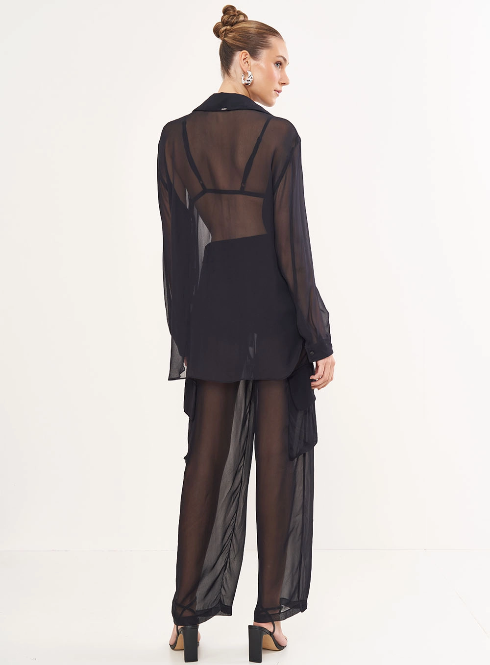 Camisa Feminina Manga Longa Em Tule - Riviera Preto