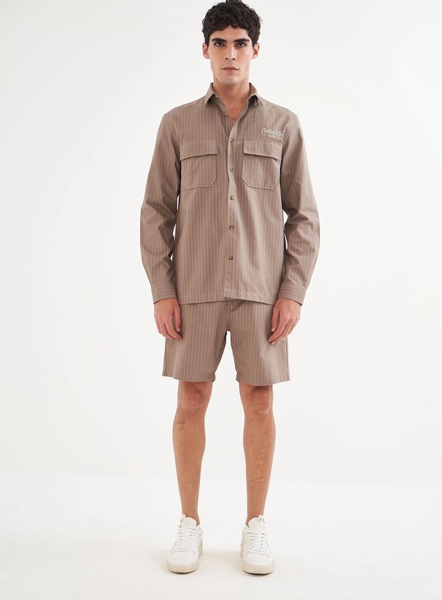 Camisa Listrada Manga Longa Com Bolsos -  Relax