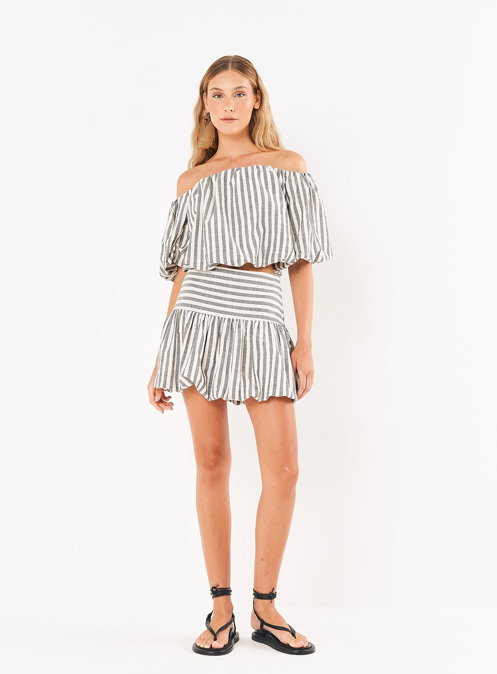 Blusa Linho Listrada Balonê Estampados