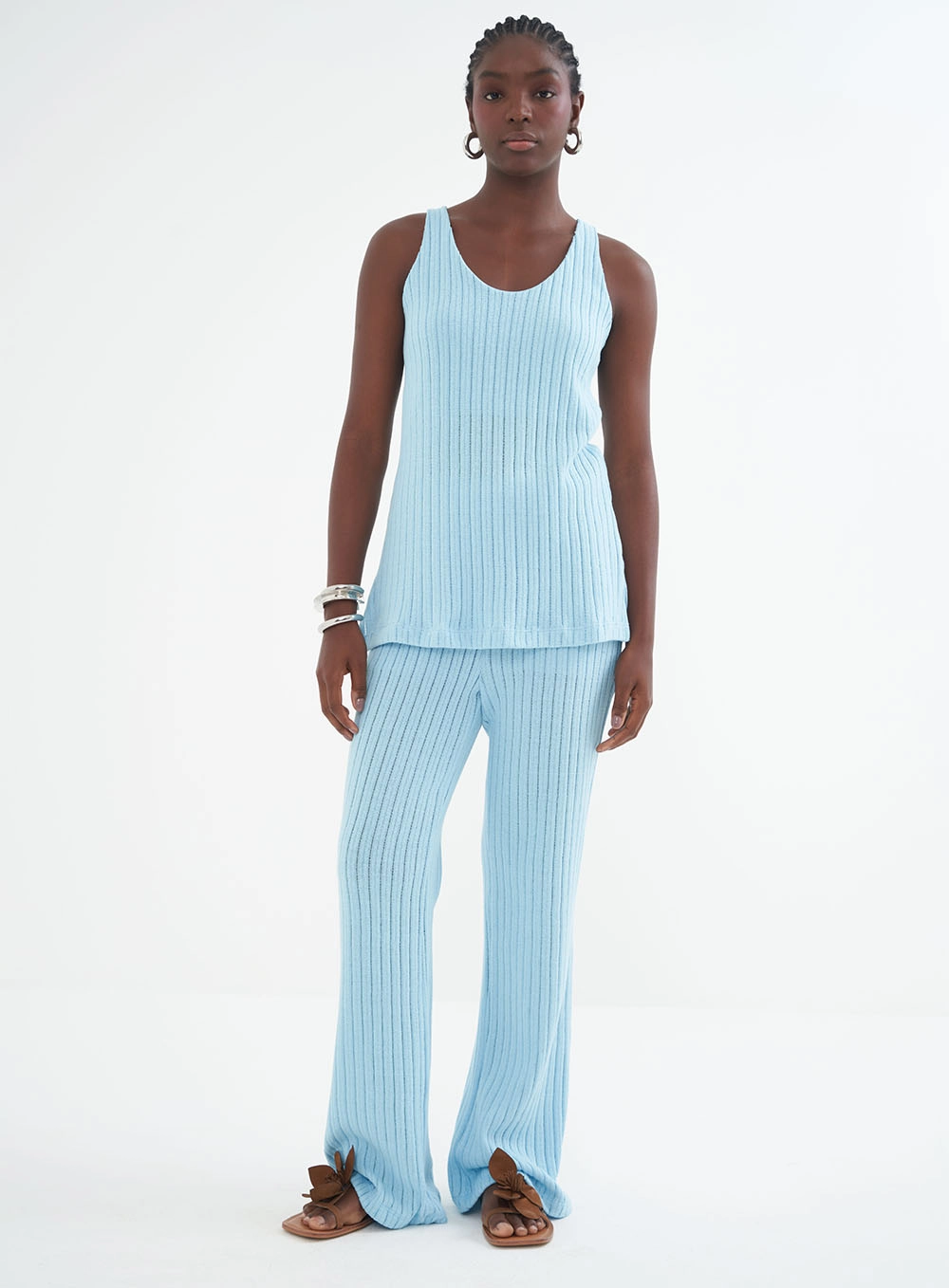 Blusa Alongada Canelada Azul