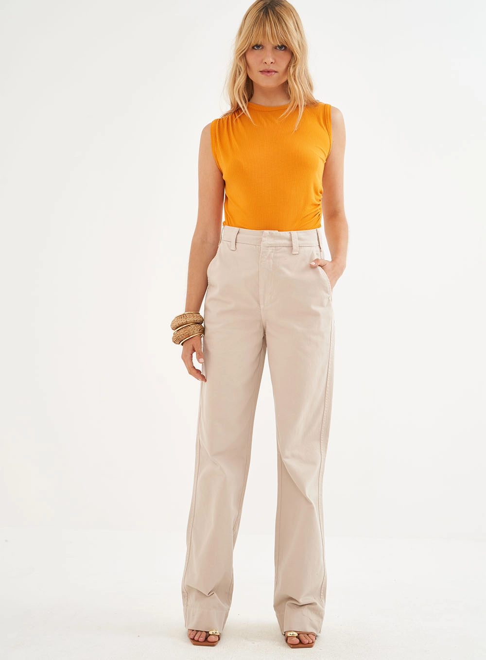 Blusa Canelada Com Franzido Lateral Laranja